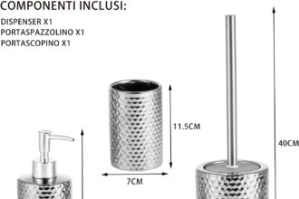 BM 6134 Set di Accessori da Bagno in Ceramica Argentato Silver, Set Accessori Bagno Completo 3 Pezzi, Dispenser, Portaspazzolino, Portascopino