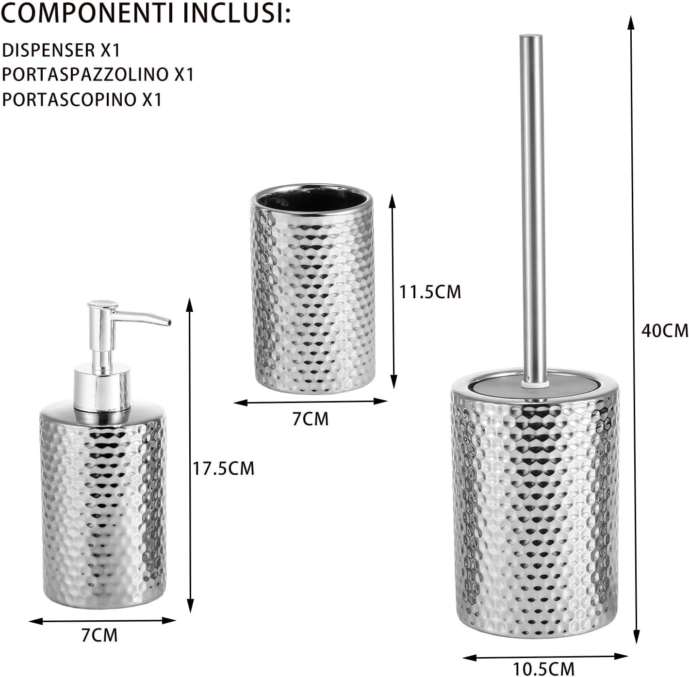BM 6134 Set di Accessori da Bagno in Ceramica Argentato Silver, Set Accessori Bagno Completo 3 Pezzi, Dispenser, Portaspazzolino, Portascopino