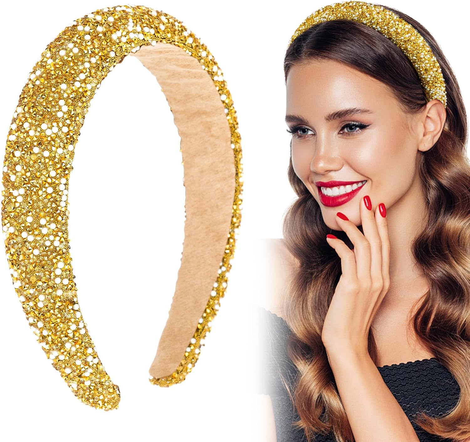 BOFUNX Cerchietto per Capelli Largo Cerchietto Capelli Donna con Strass Fascia per Capelli Glitter Fasce per Capelli Imbottite Accessori per Capelli Donna Ragazza