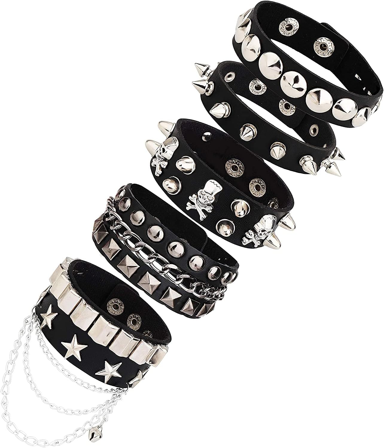LOLIAS 3-5 Pezzi PU Catena Nera Bracciale in Pelle Punk Spike Borchie Punk Bangle Rock Bracciale Set per Uomo Donna Bracciale Appuntito Regolabile Regalo di Halloween