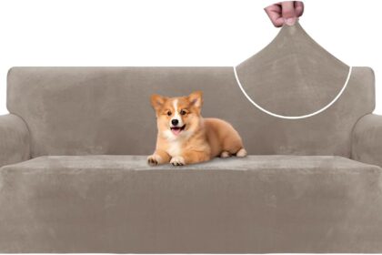 CYCMACO Copridivano Velluto Spesso 3 Posti, Universale Copridivani Elasticizzati, Copri Divani Antiscivolo, Moderno Sofa Cover Antigraffio, Fodera Divano Antimacchia Lavabile, Cachi