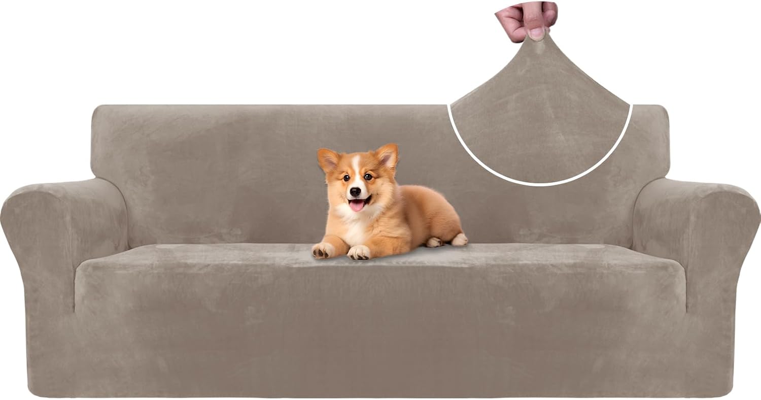 CYCMACO Copridivano Velluto Spesso 3 Posti, Universale Copridivani Elasticizzati, Copri Divani Antiscivolo, Moderno Sofa Cover Antigraffio, Fodera Divano Antimacchia Lavabile, Cachi
