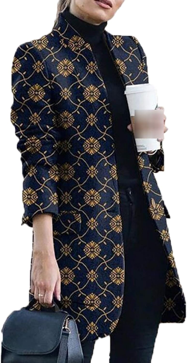 Cappotto di Lana con Colletto alla Coreana Stampato Moda Autunno/Inverno Nuovo Stile