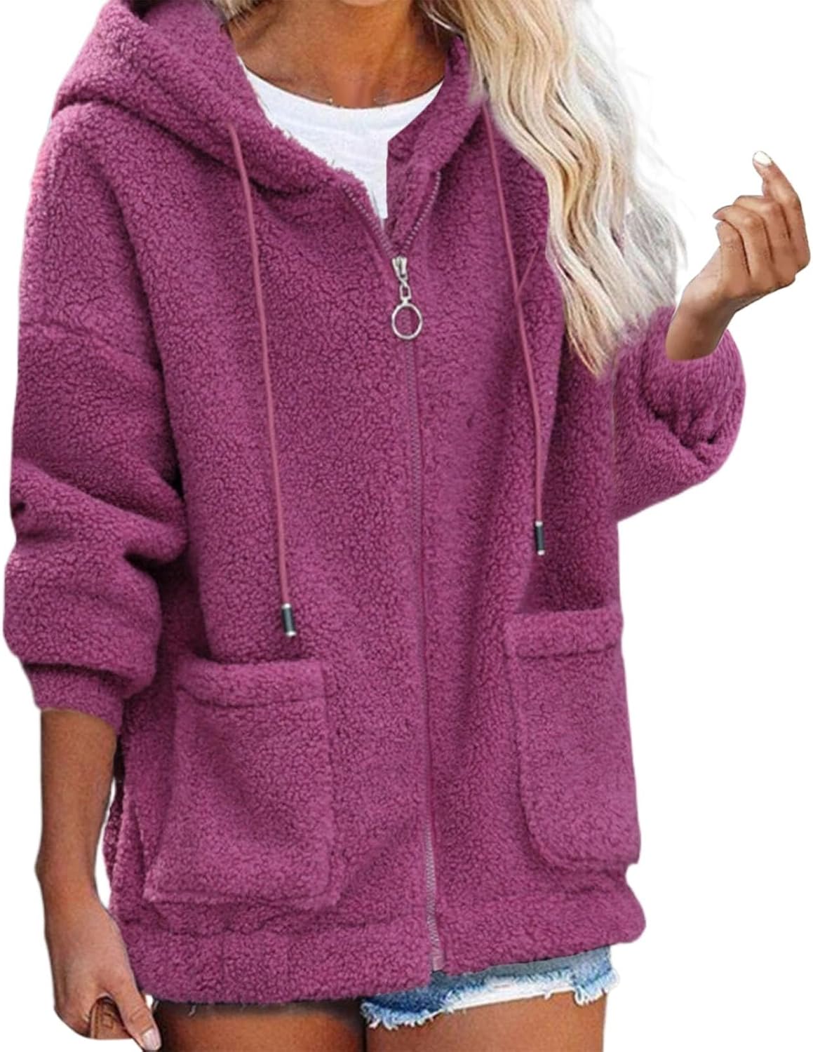 Cocila Mezza Stagione Giacca in pile con cappuccio e zip intera da donna con tasca Cappotto taglie forti Cappotto caldo autunno inverno Piumini Leggeri 100 Grammi