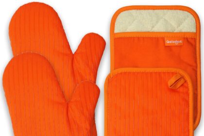 Coziselect Guanti da forno, resistenti al calore, set di guanti da forno e presine, in silicone, design antiscivolo, adatti per cucinare, cuocere, grigliare, arancione