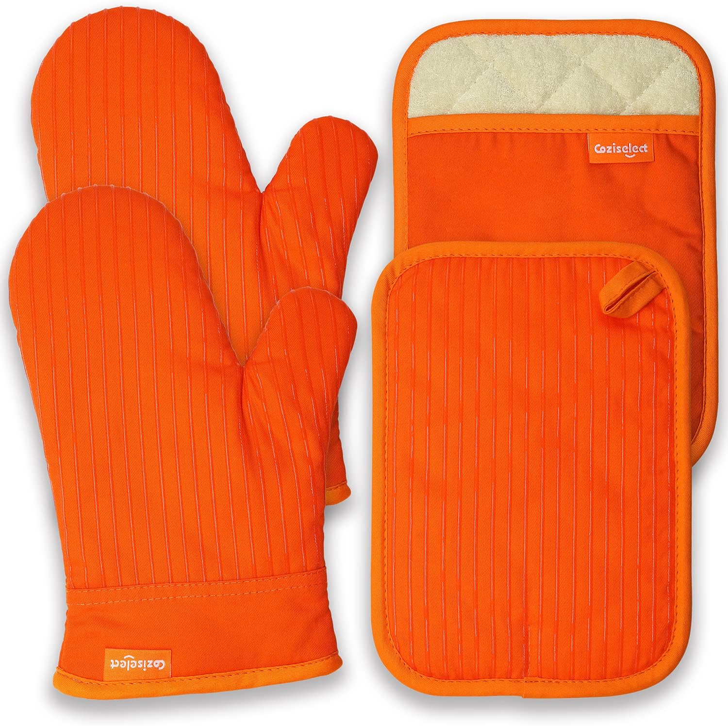 Coziselect Guanti da forno, resistenti al calore, set di guanti da forno e presine, in silicone, design antiscivolo, adatti per cucinare, cuocere, grigliare, arancione