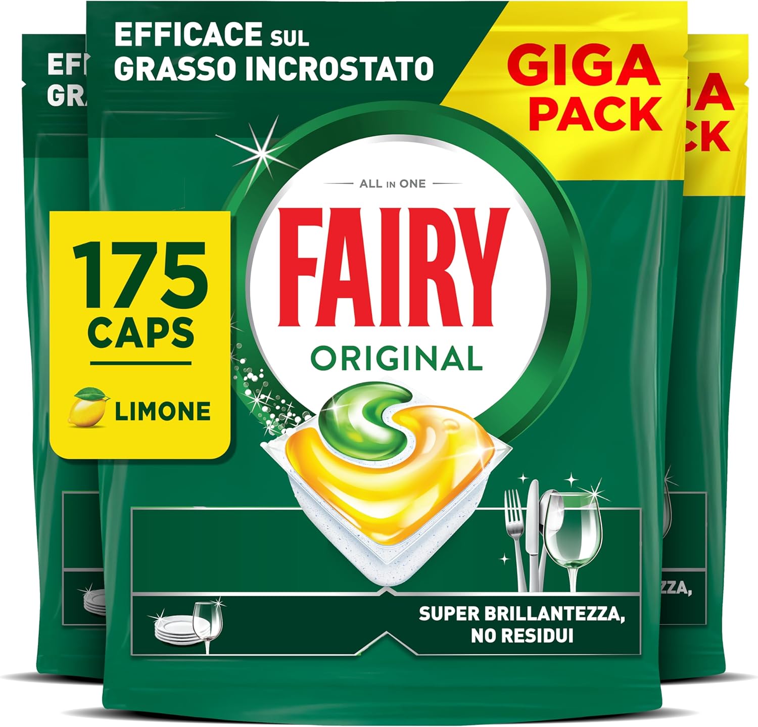 Fairy Original Detersivo Pastiglie Lavastoviglie Brillantante, 175 Capsule Lavastoviglie, Original Limone, Azione Pulente Al Primo Lavaggio, Efficace Sul Grasso Incrostato Con Azione Brillante