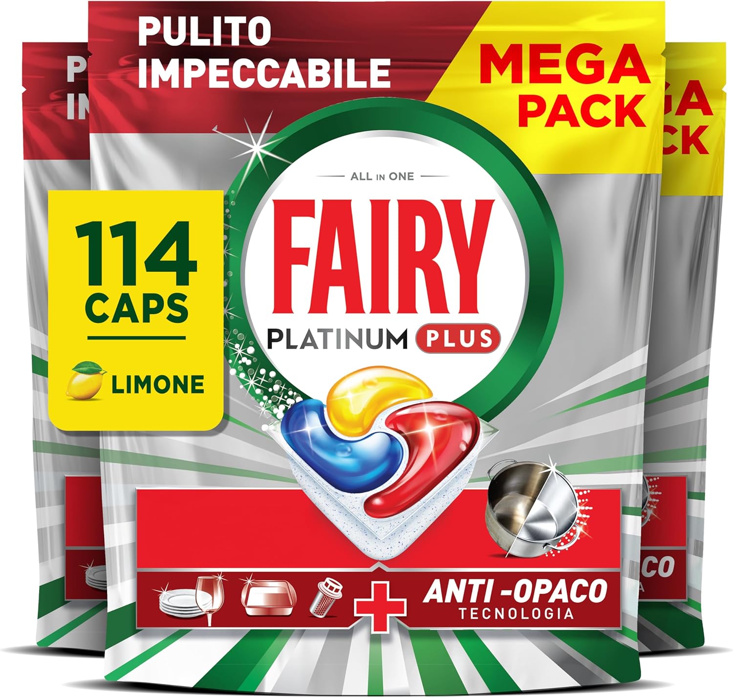 Fairy Platinum Plus Pastiglie Lavastoviglie, 114 Capsule, Limone Complete, Detersivo Con Tecnologia Anti-Opaco, Contro Grasso e Incrostazioni Ostinate Anche nei Cicli Brevi
