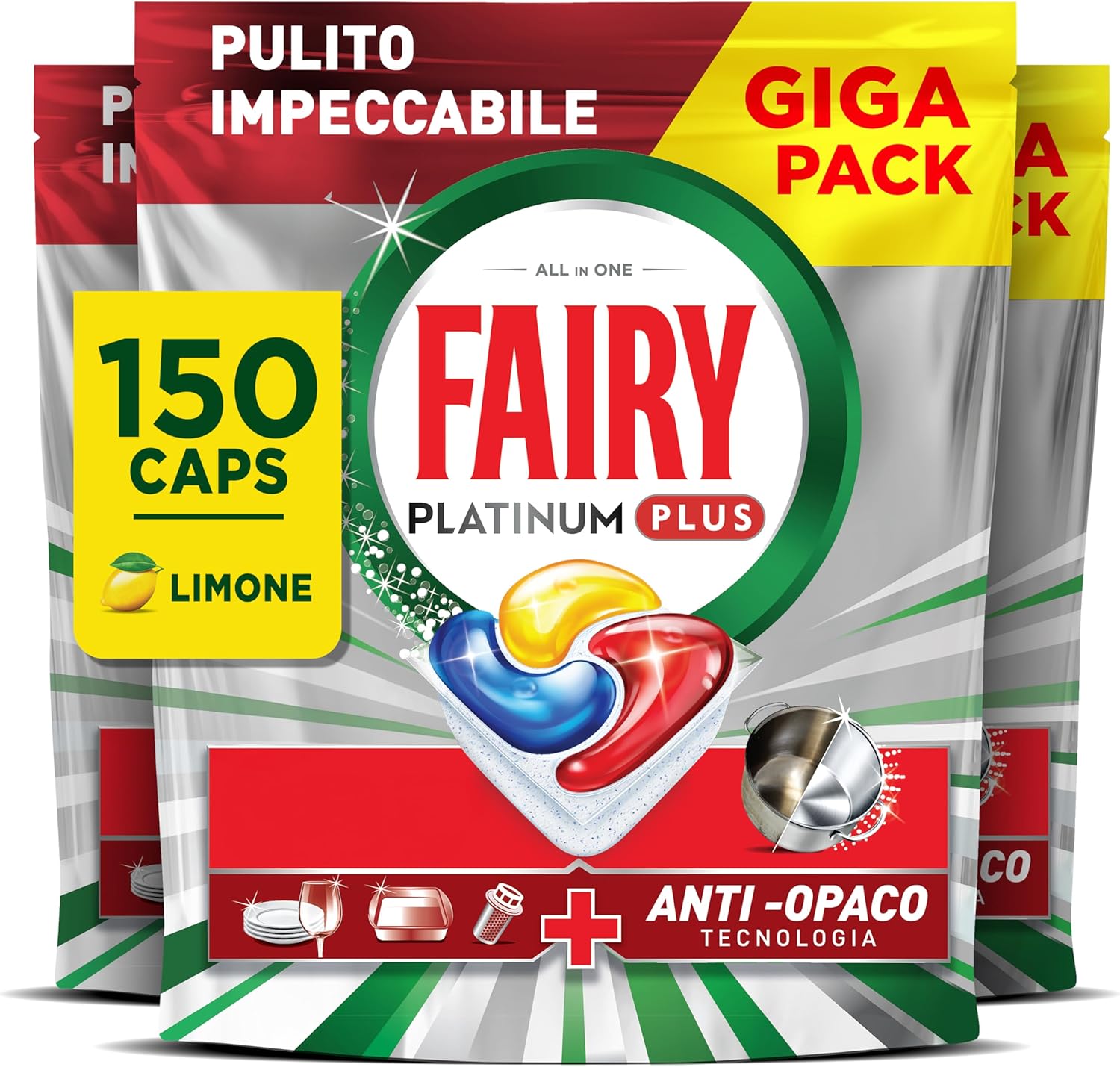 Fairy Platinum Plus Pastiglie Lavastoviglie, 150 Capsule, Limone, Detersivo Con Tecnologia Anti-Opaco, Contro Grasso e Incrostazioni Ostinate Anche nei Cicli Brevi