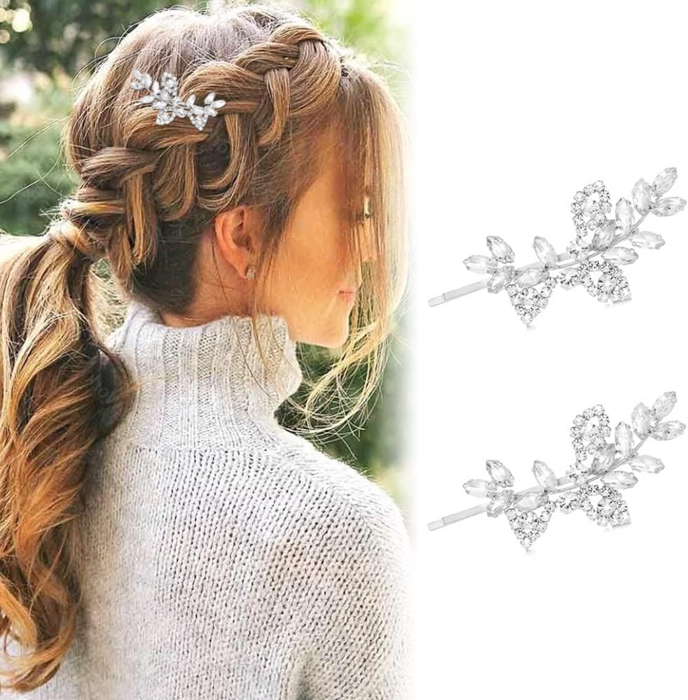 QINERSAW 2 Pz Fermagli per Capelli Sposa Clip Capelli Matrimonio Argente Forcine per Capelli da Sposa a Foglia con Perle e Cristalli Artificiali Fermagli per Capelli Eleganti per Banchetto di Nozze