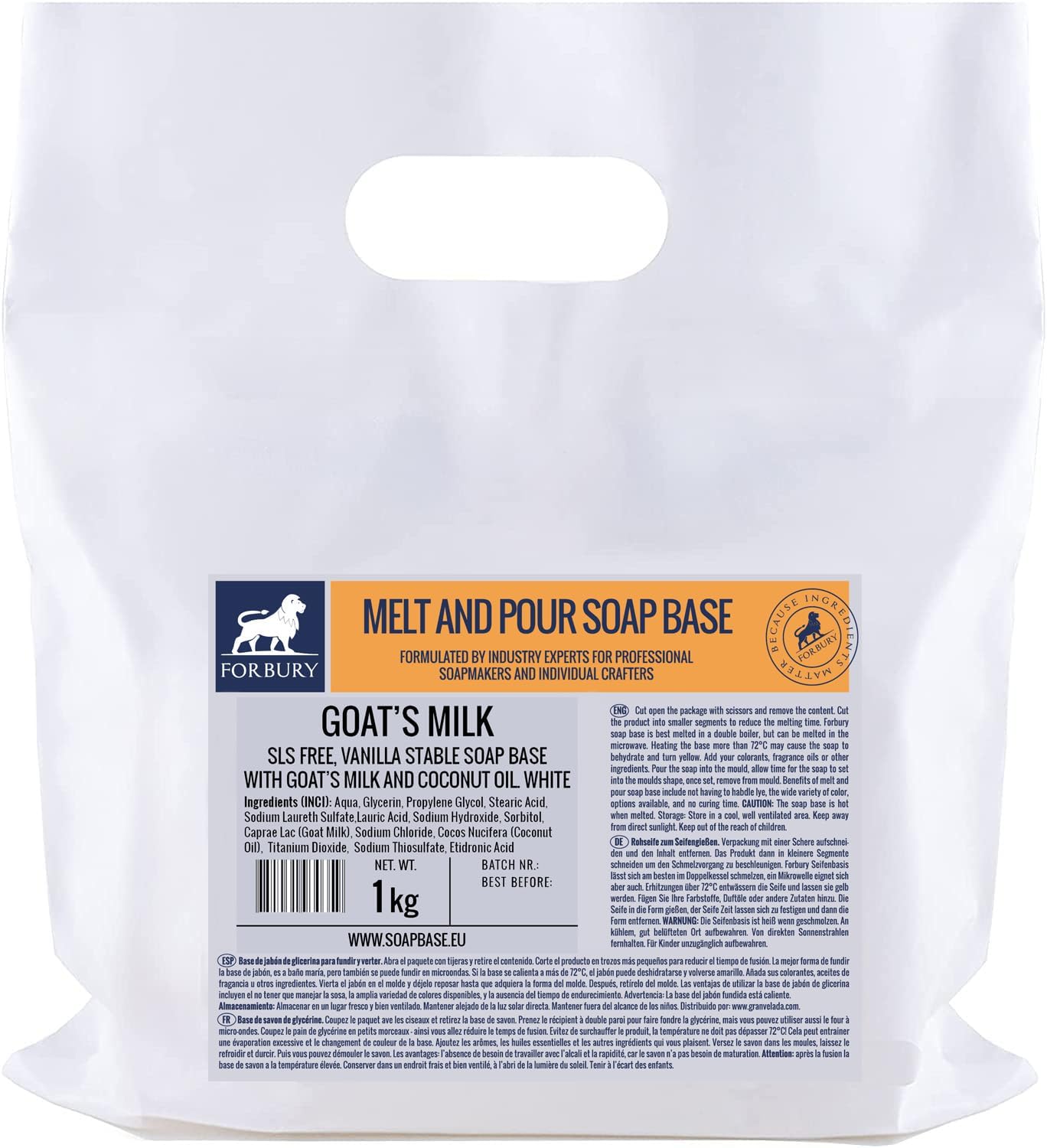 Forbury 1kg Base per Sapone di glicerina al Latte di Capra, Bianco Scioglie E Versa Senza SLS