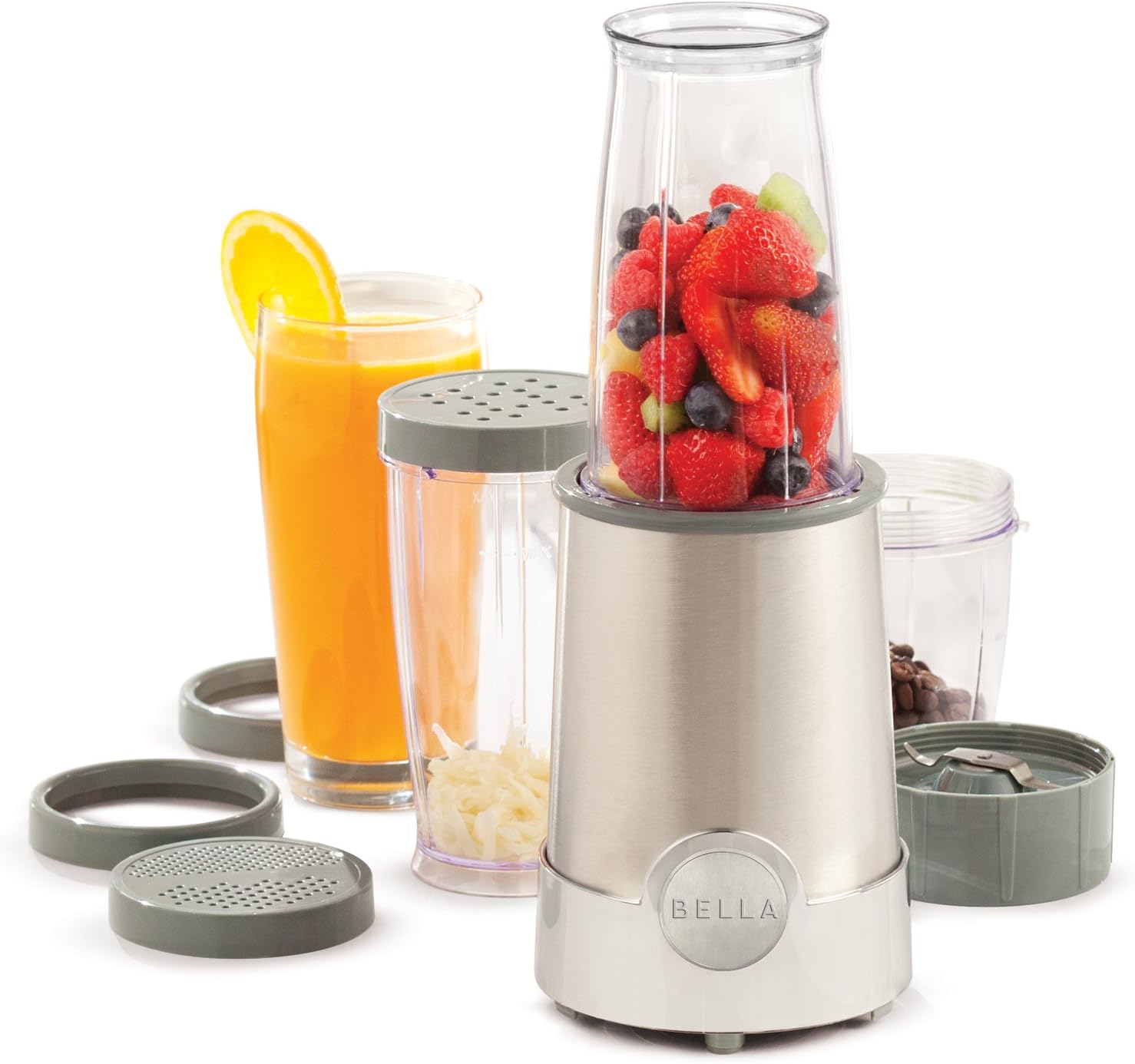 BELLA Mini Frullatore Elettrico Portatile Rocket in Acciaio Inossidabile, Set da 12 Pezzi, Mixer e Tritatutto per Smoothies, Frullati e Salse, 285 Watt, Argento