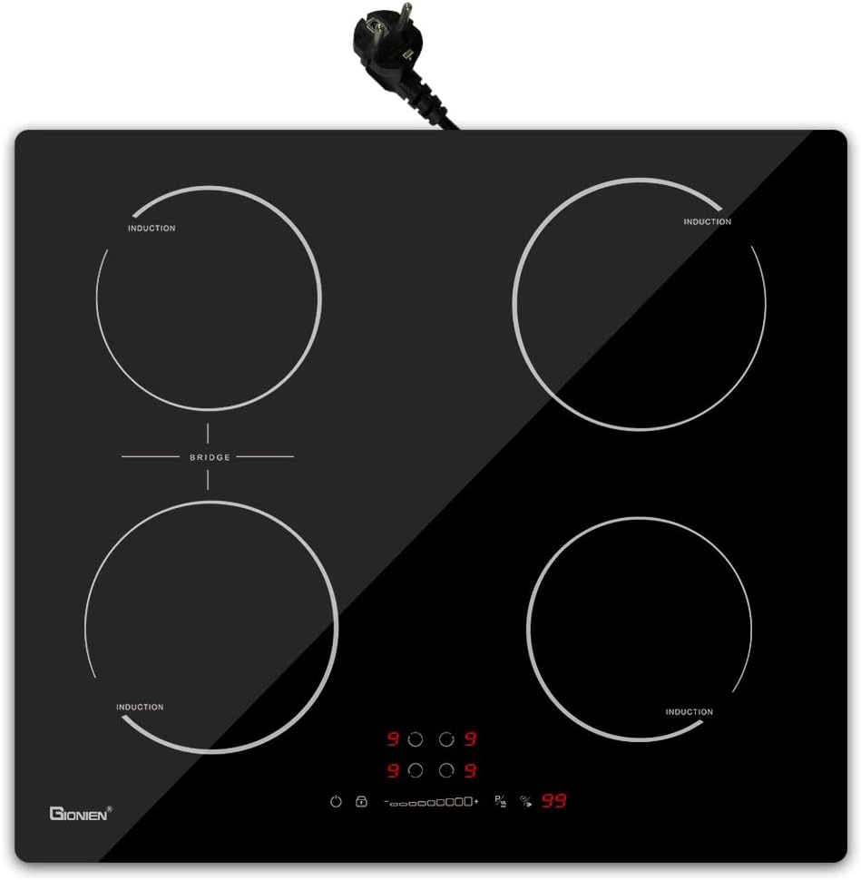 GIONIEN Piano cottura a induzione con spina da 60 cm, 16 Amp, con zona ponte, 4 fornelli, 2800 W,GITS470SPVDE