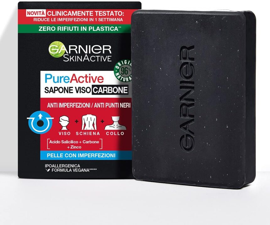 Garnier PureActive Sapone viso e corpo al carbone, Anti-imperfezioni, Formula vegana con 98% di ingredienti naturali, 100 g