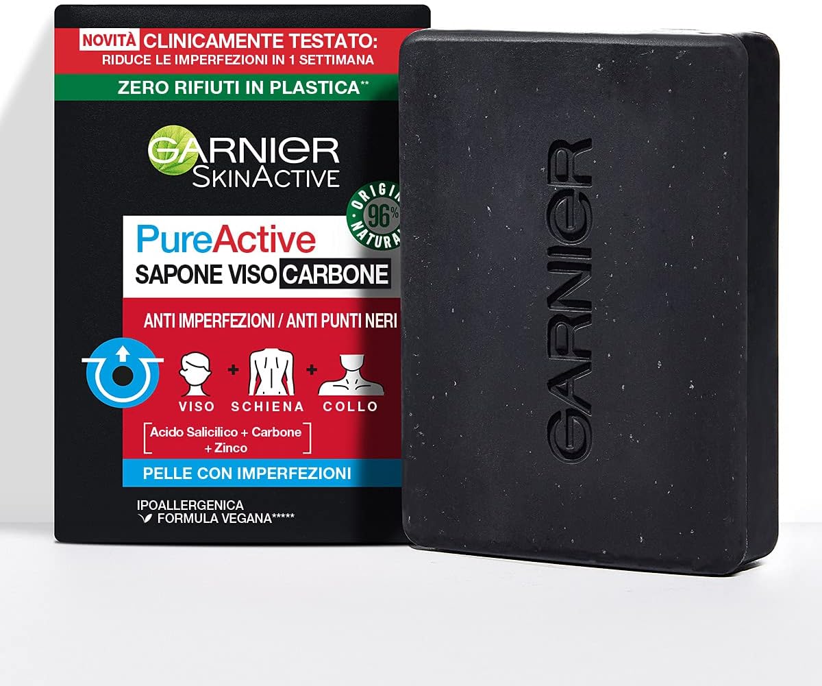 Garnier PureActive Sapone viso e corpo al carbone, Anti-imperfezioni, Formula vegana con 98% di ingredienti naturali, 100 g