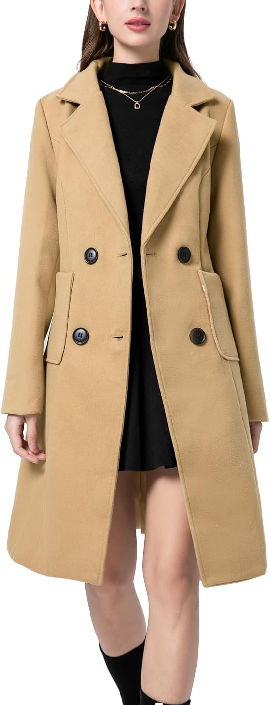 Sukany Women's Winter Wool Blend Coat Notched Collar Double Breasted Lapel Mid Long Jacket Outwear