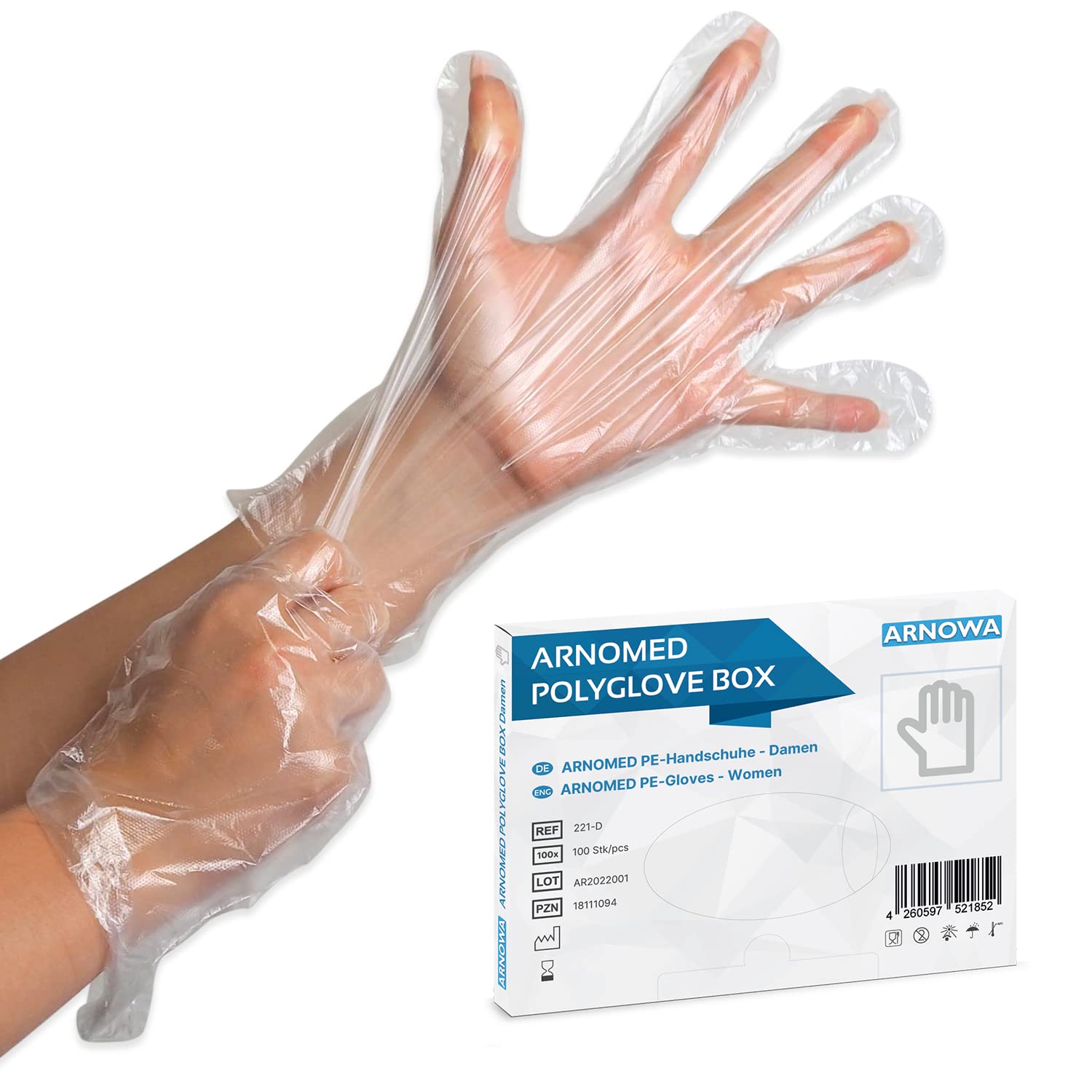 ARNOMED Guanti monouso in PE da donna, 100 pezzi guanti usa e getta per box, guanti plastica domestici per alimenti, guanti trasparenti monouso protettivi per tinte capelli, guanti sottili