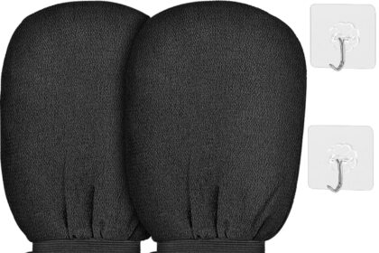 Guanto di Crine Esfoliante - 2 Pezzi - Guanto Scrub Esfoliante Corpo Peli Incarniti - Guanto Scrub Corpo - Guanto Spugna per Doccia - Exfoliating Gloves - Guanto di Seta Esfoliante - Nero