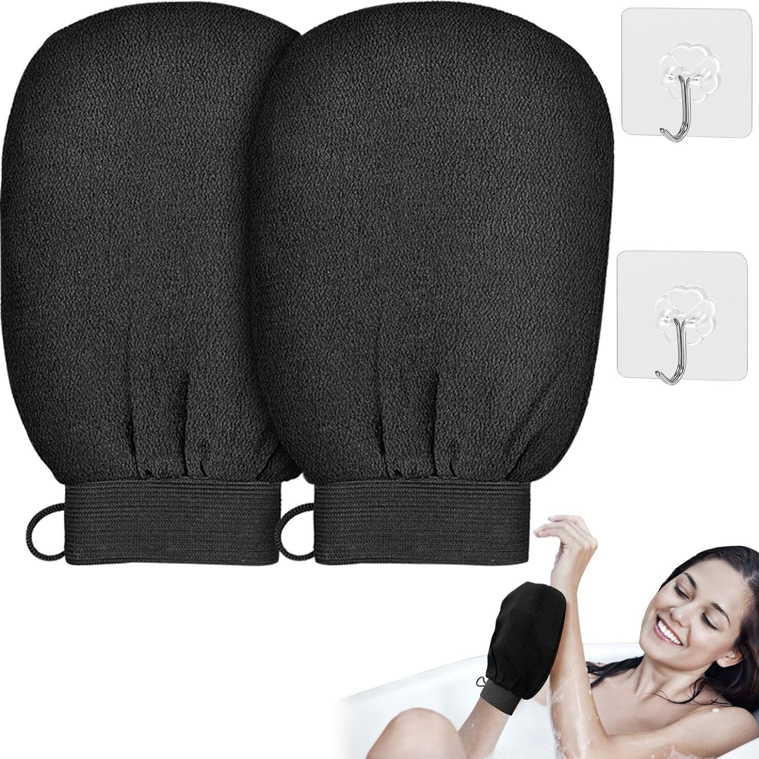 Guanto di Crine Esfoliante - 2 Pezzi - Guanto Scrub Esfoliante Corpo Peli Incarniti - Guanto Scrub Corpo - Guanto Spugna per Doccia - Exfoliating Gloves - Guanto di Seta Esfoliante - Nero