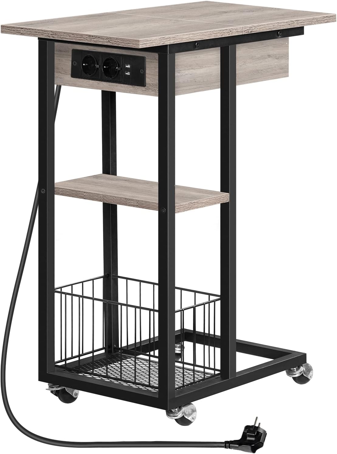 HOOBRO Tavolino con Stazione di Ricarica, con Ruote e Ripiani Portaoggetti, Tavolino a Forma di C, Porta USB e Presa, Tavolino da Divano per Soggiorno, Camera da Letto, Greige e Nero EBG022SF01