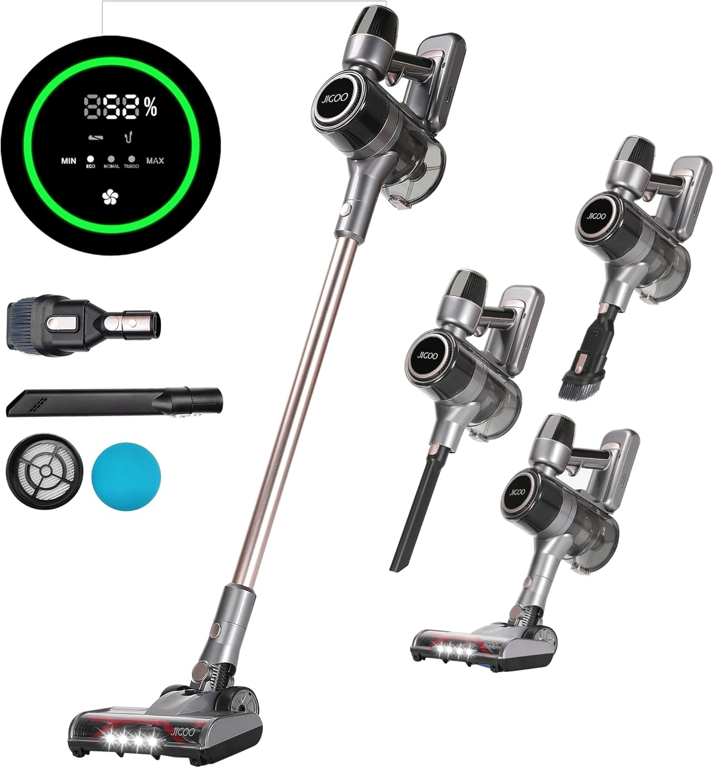 JIGOO C300 Aspirapolvere senza fili,30Kpa, 400w Scopa Elettrica Senza Fili Potente, Sensore di Polvere Intelligente,1,2L saspirapolvere senza sacco per pavimenti,peli di animali domestici,casa