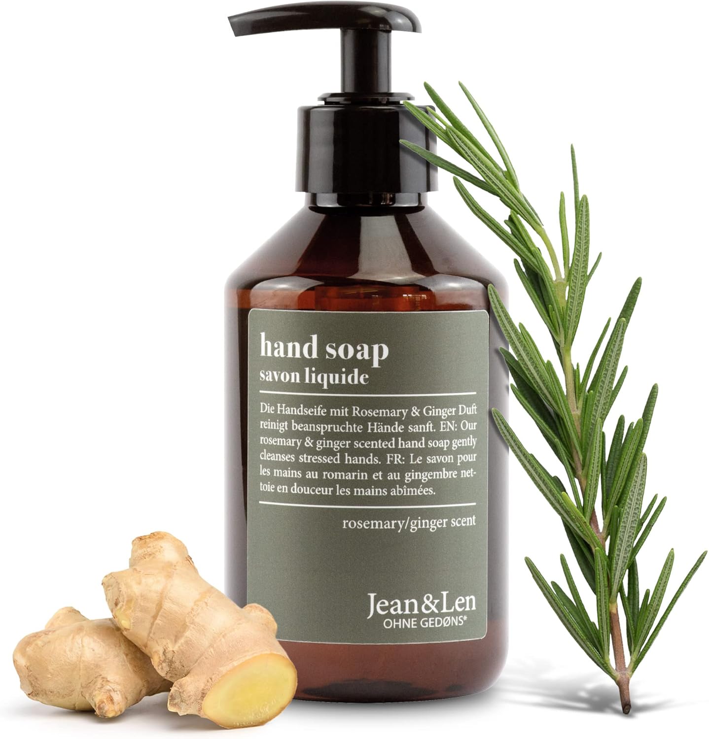 Jean & Len sapone per le mani Rosmarino & Zenzero, deterge le mani stressate, per uso quotidiano, sapone liquido in dispenser a pompa ricaricabile, senza parabeni, siliconi e microplastiche, 250 ml