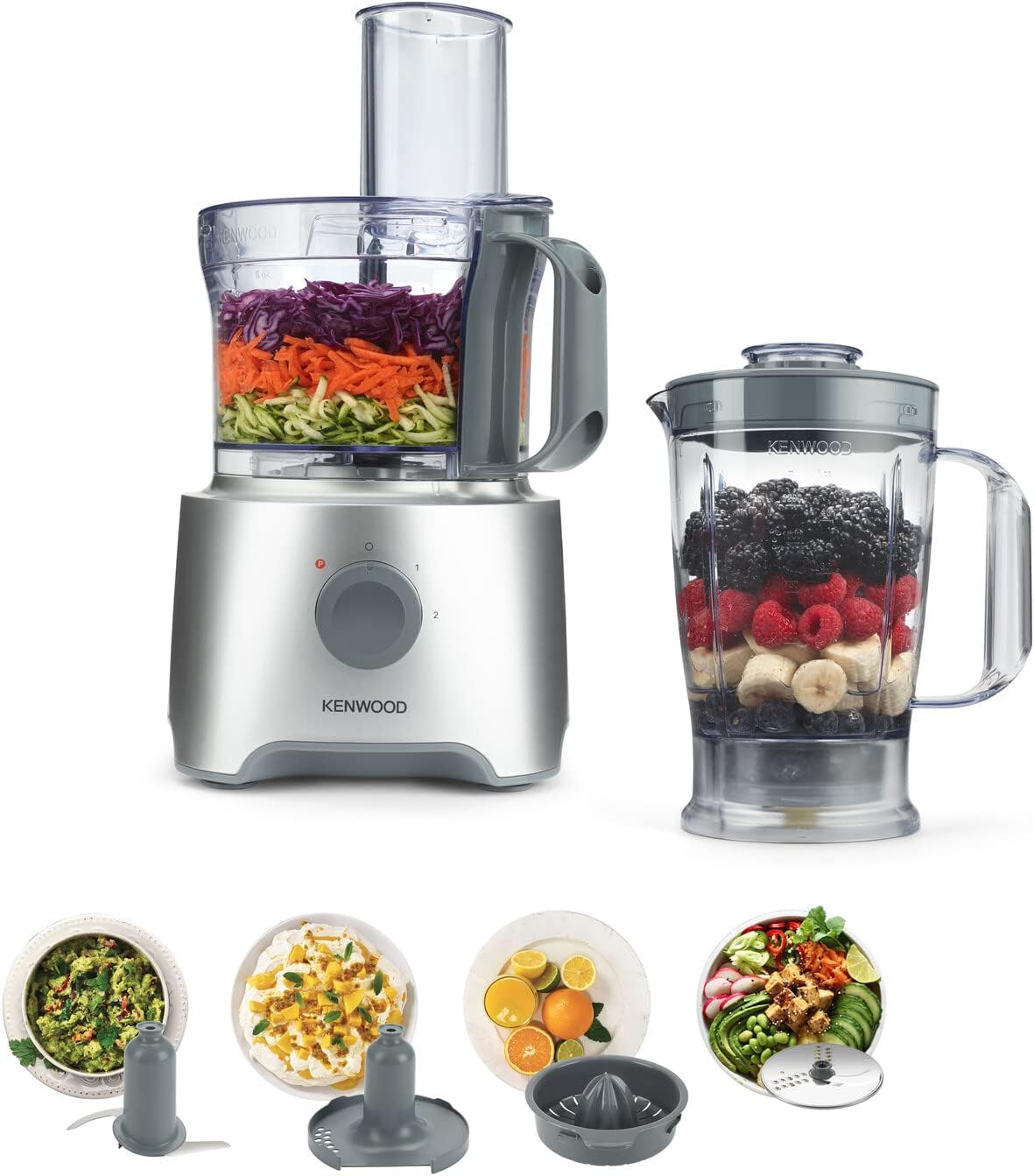 Kenwood FDP302SI Robot da Cucina con ciotola da 2,1L dotato di Frullatore da 1,2L+Spremiagrumi, gruppo lame e 1disco emulsionatore in acciaio inox, 2 velocità + Pulse, Silver