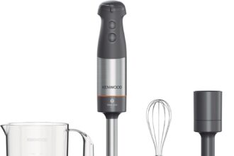 Kenwood Triblade XL+ Frullatore ad Immersione, Mixer, Asta in Acciaio Removibile, Dotato di Frusta a Filo, Schiacciaverdure e Bicchiere Graduato con Manico da 0,75L, Potenza 1000watt,Grigio