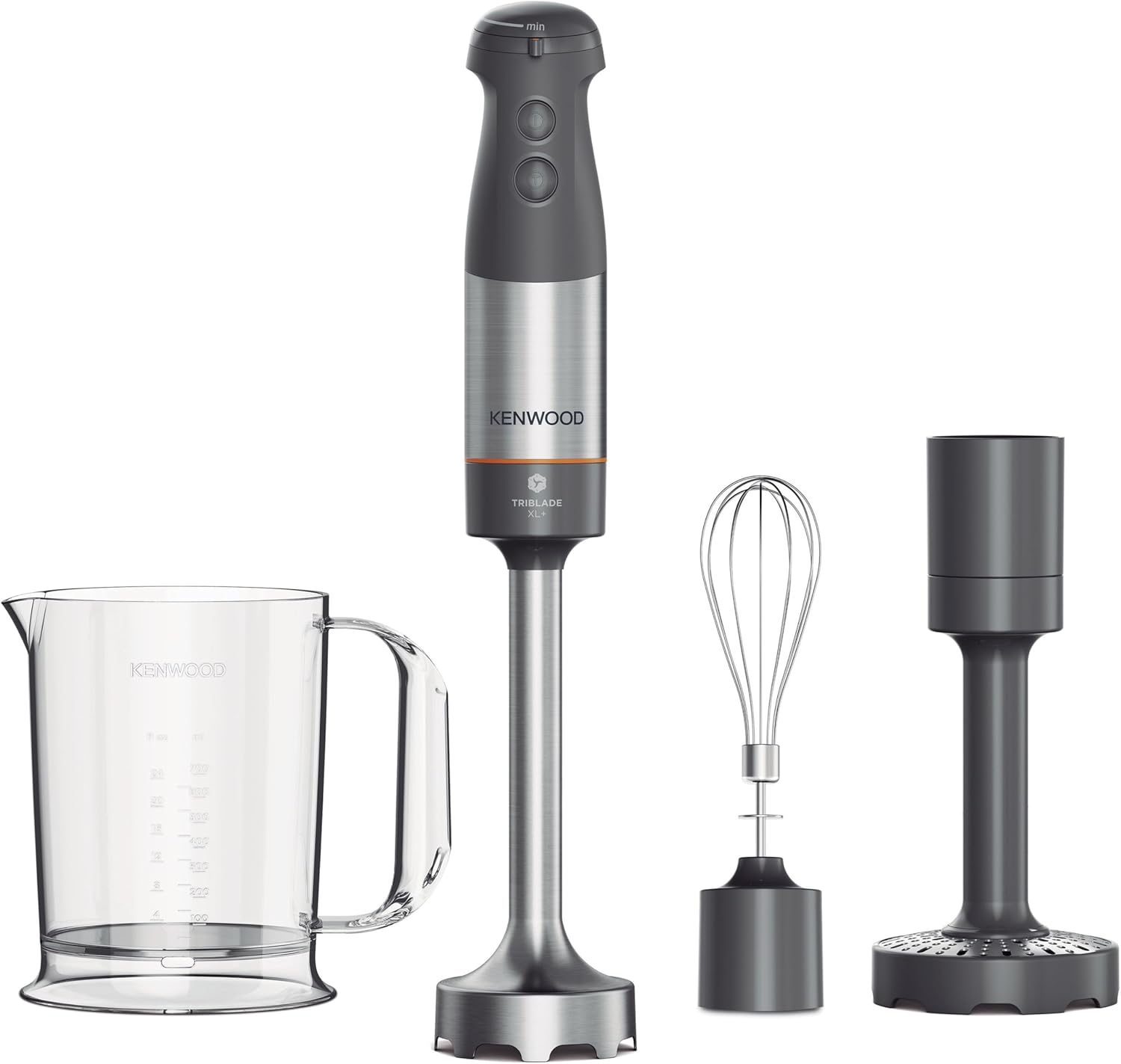 Kenwood Triblade XL+ Frullatore ad Immersione, Mixer, Asta in Acciaio Removibile, Dotato di Frusta a Filo, Schiacciaverdure e Bicchiere Graduato con Manico da 0,75L, Potenza 1000watt,Grigio