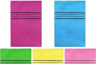 MEMOFYND Confezione da 5 guanti da bagno, guanti da doccia, scrub, guanti per la pulizia dello sporco e della pelle morta, guanti esfolianti, adatti per il corpo (5 colori)