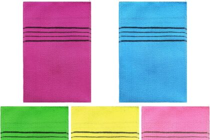 MEMOFYND Confezione da 5 guanti da bagno, guanti da doccia, scrub, guanti per la pulizia dello sporco e della pelle morta, guanti esfolianti, adatti per il corpo (5 colori)