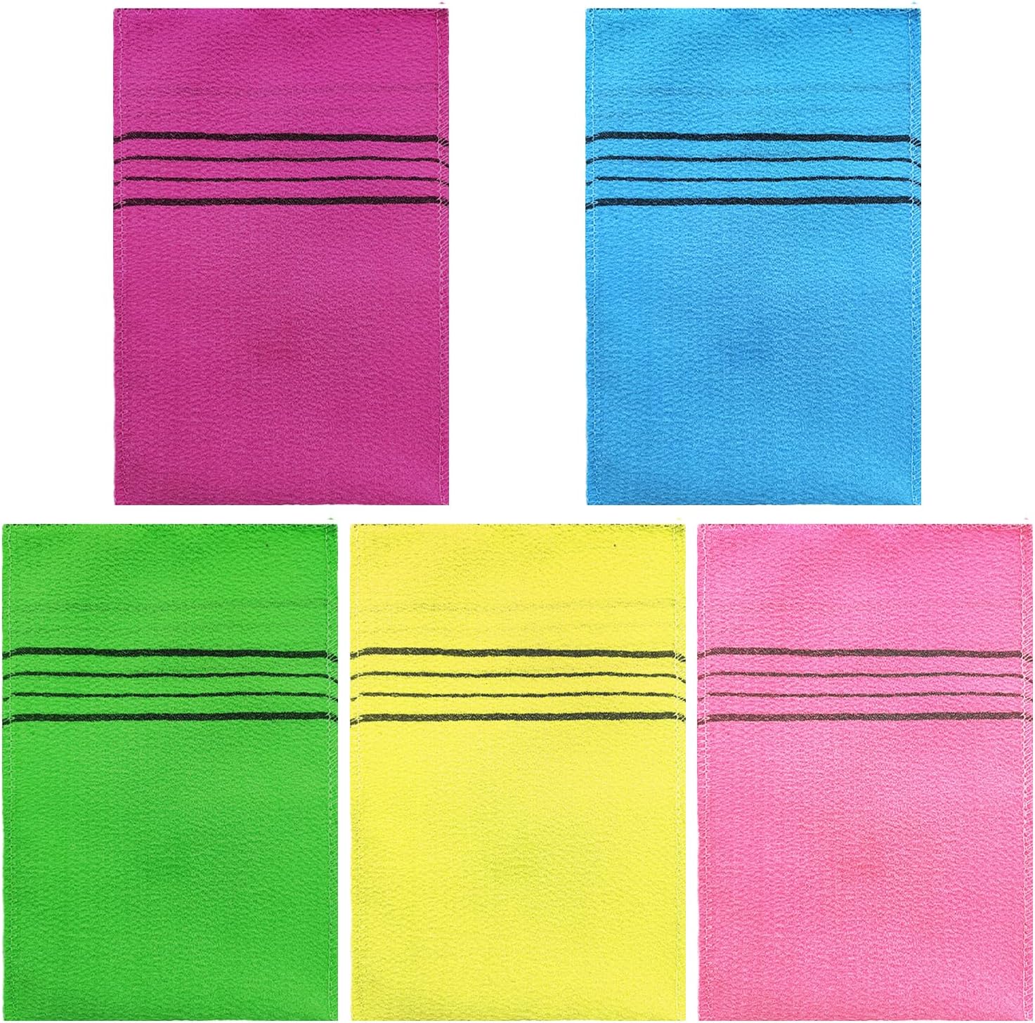 MEMOFYND Confezione da 5 guanti da bagno, guanti da doccia, scrub, guanti per la pulizia dello sporco e della pelle morta, guanti esfolianti, adatti per il corpo (5 colori)