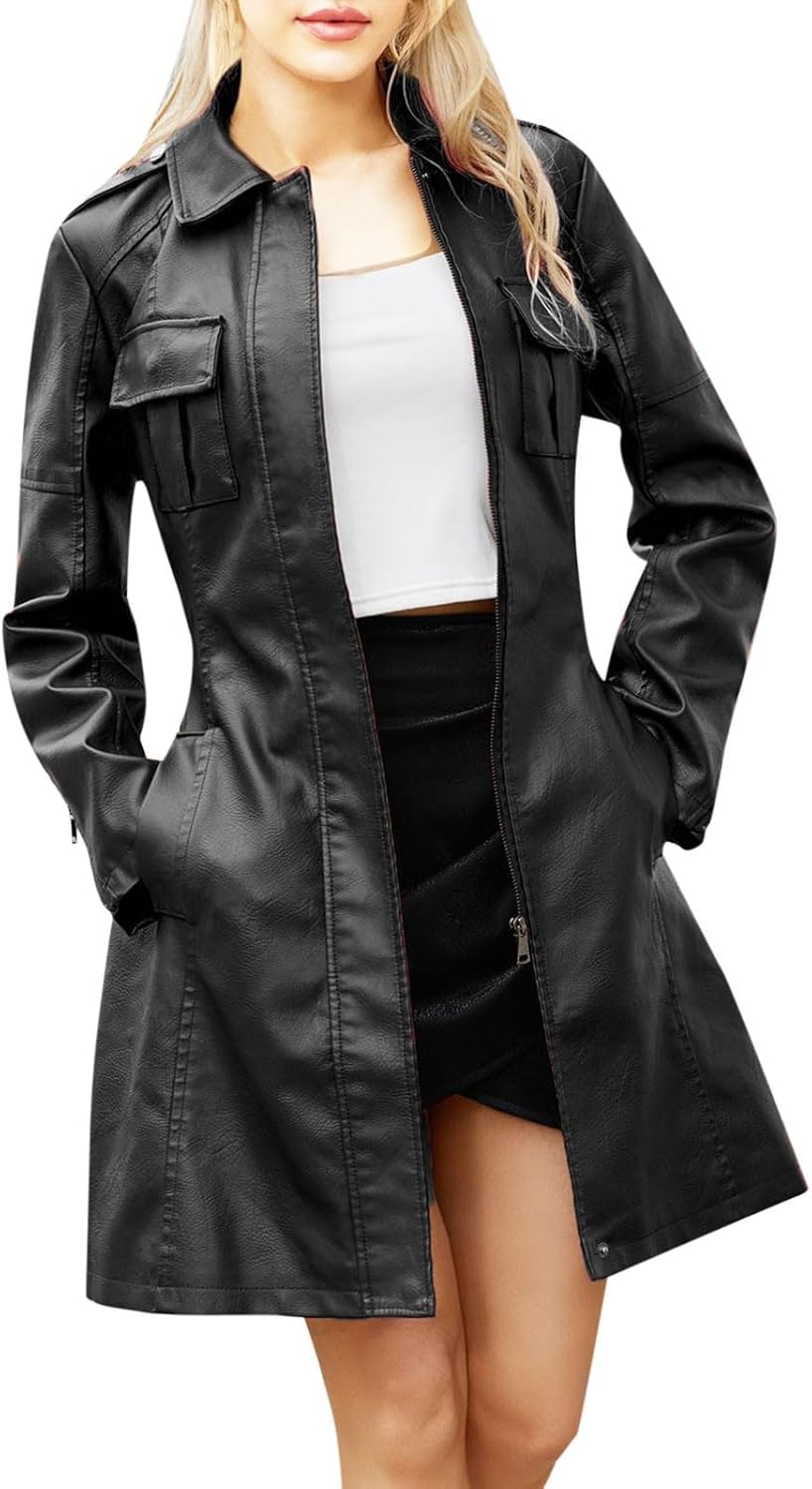 MaNMaNing Trench Lungo da Donna in Pelle Cappotto Lungo Nero Trench Giacca da Donna in pelle Giacca a Vento in pelle a maniche lunghe
