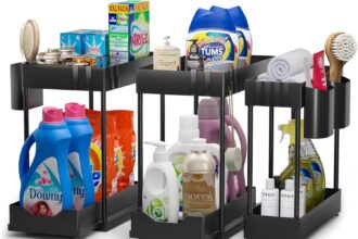 Cinnani 3 Pezzi Organizer Sottolavello Cucina 2 Livelli, con 3 Tazze Appese e 12 Ganci, Scaffale Scorrevole Portaoggetti, per Bagni, Nero
