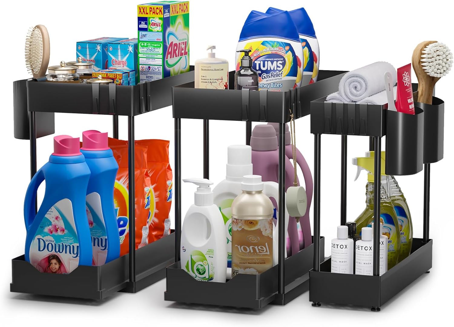 Cinnani 3 Pezzi Organizer Sottolavello Cucina 2 Livelli, con 3 Tazze Appese e 12 Ganci, Scaffale Scorrevole Portaoggetti, per Bagni, Nero