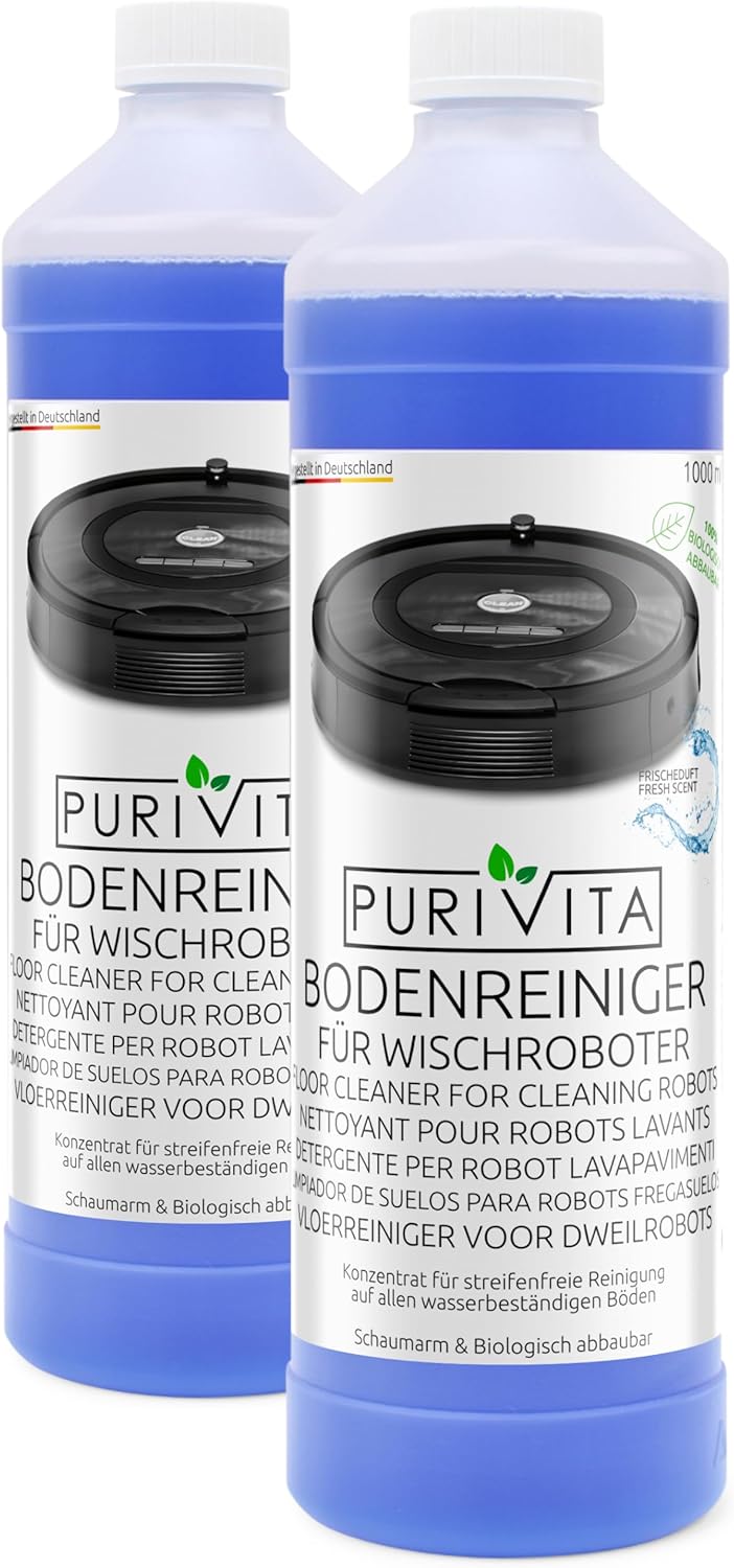 PURIVITA® Detergente per Robot Lavapavimenti [2x1L] - Detersivo Lava Pavimenti Robot - Liquido Prodotto Lavapavimenti - Floor Cleaner for Roboter - Per Tutti i Tipi di Robot Spazzino e Aspirapolvere