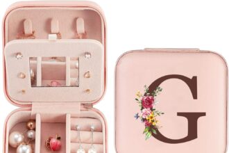 Portagioie con Lettera Iniziale G, Piccoli Scatola Portagioie da Viaggio con Specchio, Mini Porta Gioielli da Viaggio, Gioielli Pelle PU Portagioie Organizer Regalo di Compleanno per Donne Ragazze