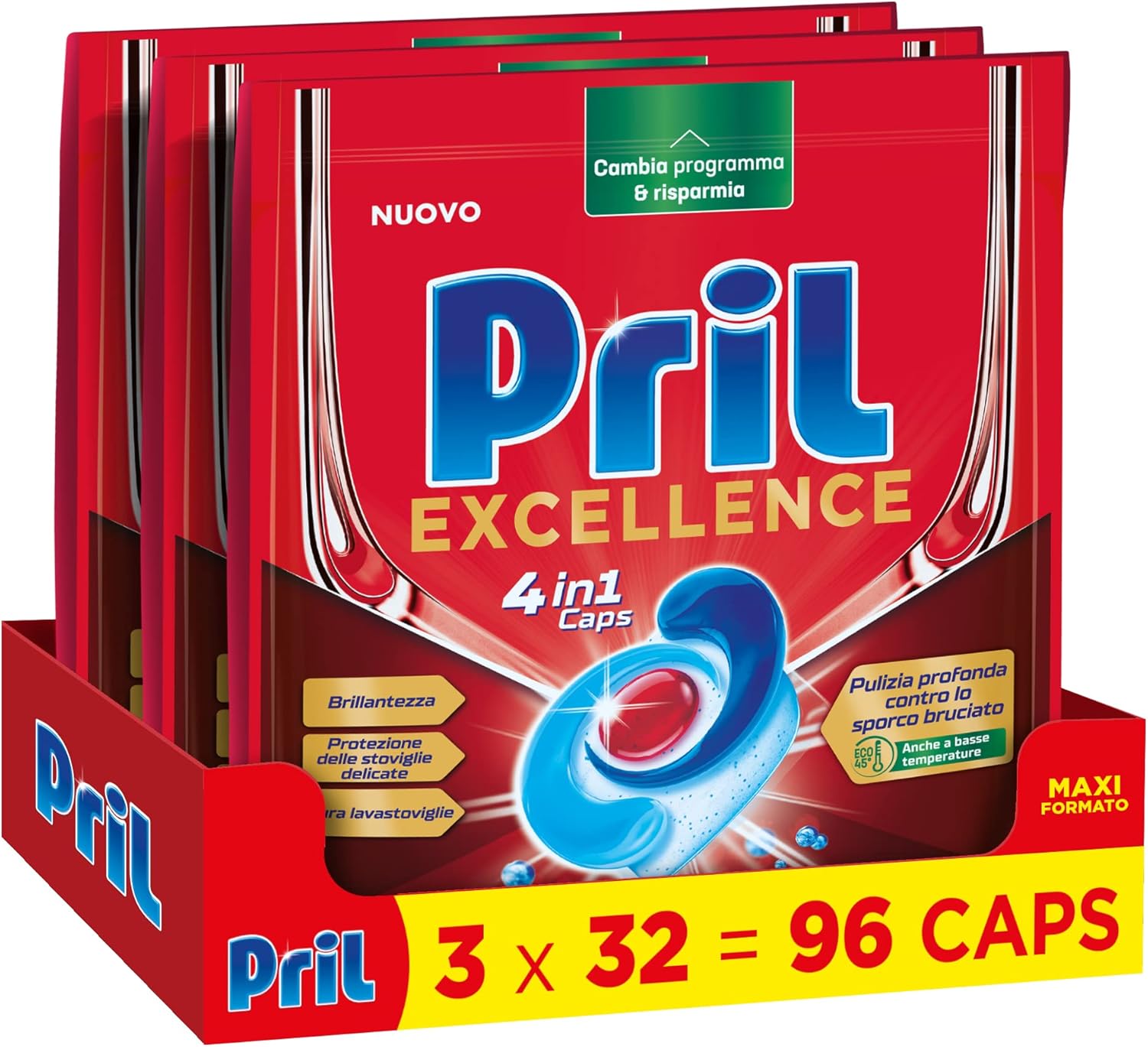 Pril Excellence 4in1 Caps, Detersivo Lavastoviglie in Caps a dissoluzione rapida, formato da 32x3 (96 capsule)