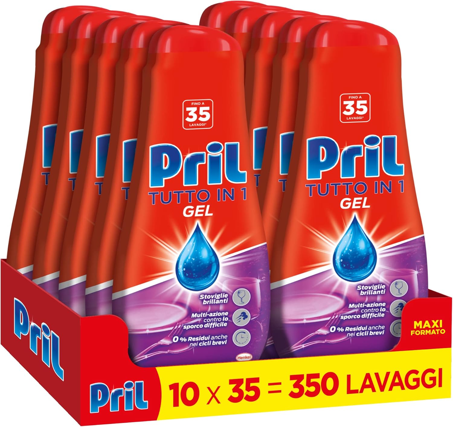 Pril Gel All in One Sciogli Grasso Detersivo Lavastoviglie Liquido Multi-Azione Sporco Difficile - 10 Confezioni da 35 Lavaggi (350 lavaggi)