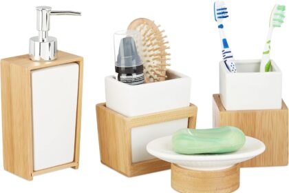 Relaxdays Set Accessori Bagno 4 Utensili, Dispenser, Porta-Sapone, Porta-Spazzolino, Bambù, Ceramica, Marrone e Bianco