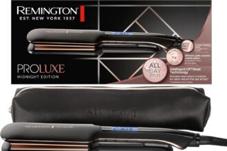 Remington Piastra Capelli Proluxe Midnight Wide Plate, Piastre in ceramica Ultimate Glide, 9 impostazioni di Temp. 150-230°C,Tecnologia intelligente OPTIheat, S9150B