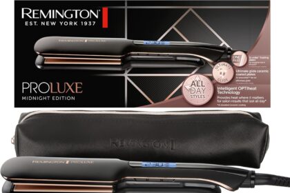 Remington Piastra Capelli Proluxe Midnight Wide Plate, Piastre in ceramica Ultimate Glide, 9 impostazioni di Temp. 150-230°C,Tecnologia intelligente OPTIheat, S9150B