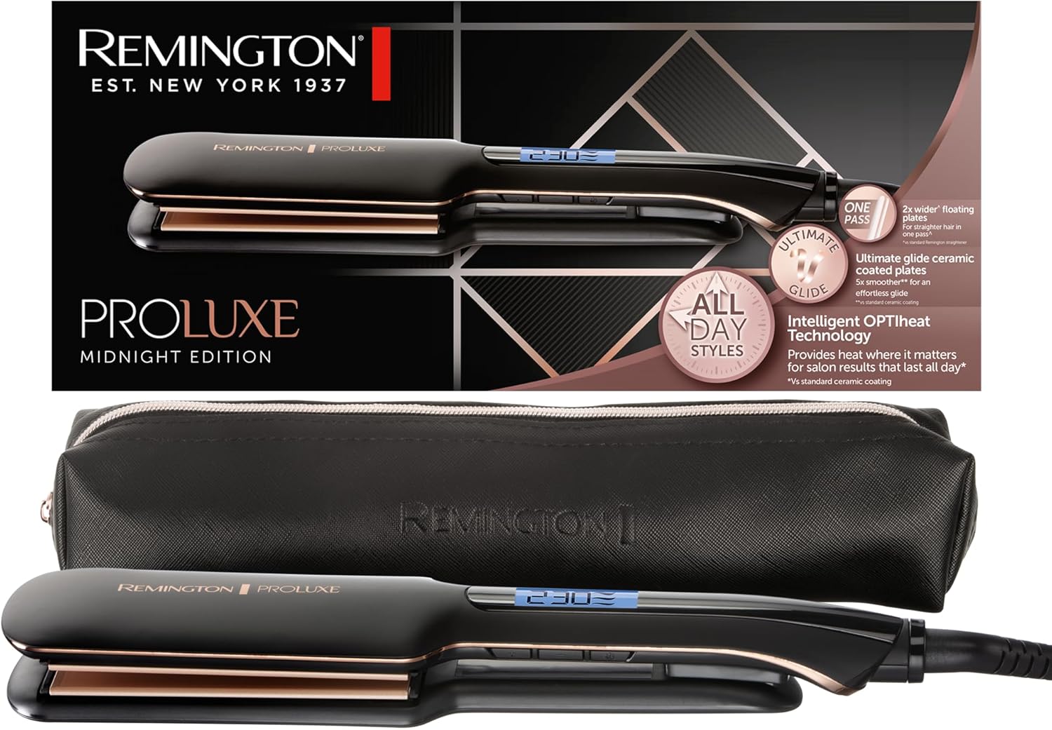 Remington Piastra Capelli Proluxe Midnight Wide Plate, Piastre in ceramica Ultimate Glide, 9 impostazioni di Temp. 150-230°C,Tecnologia intelligente OPTIheat, S9150B