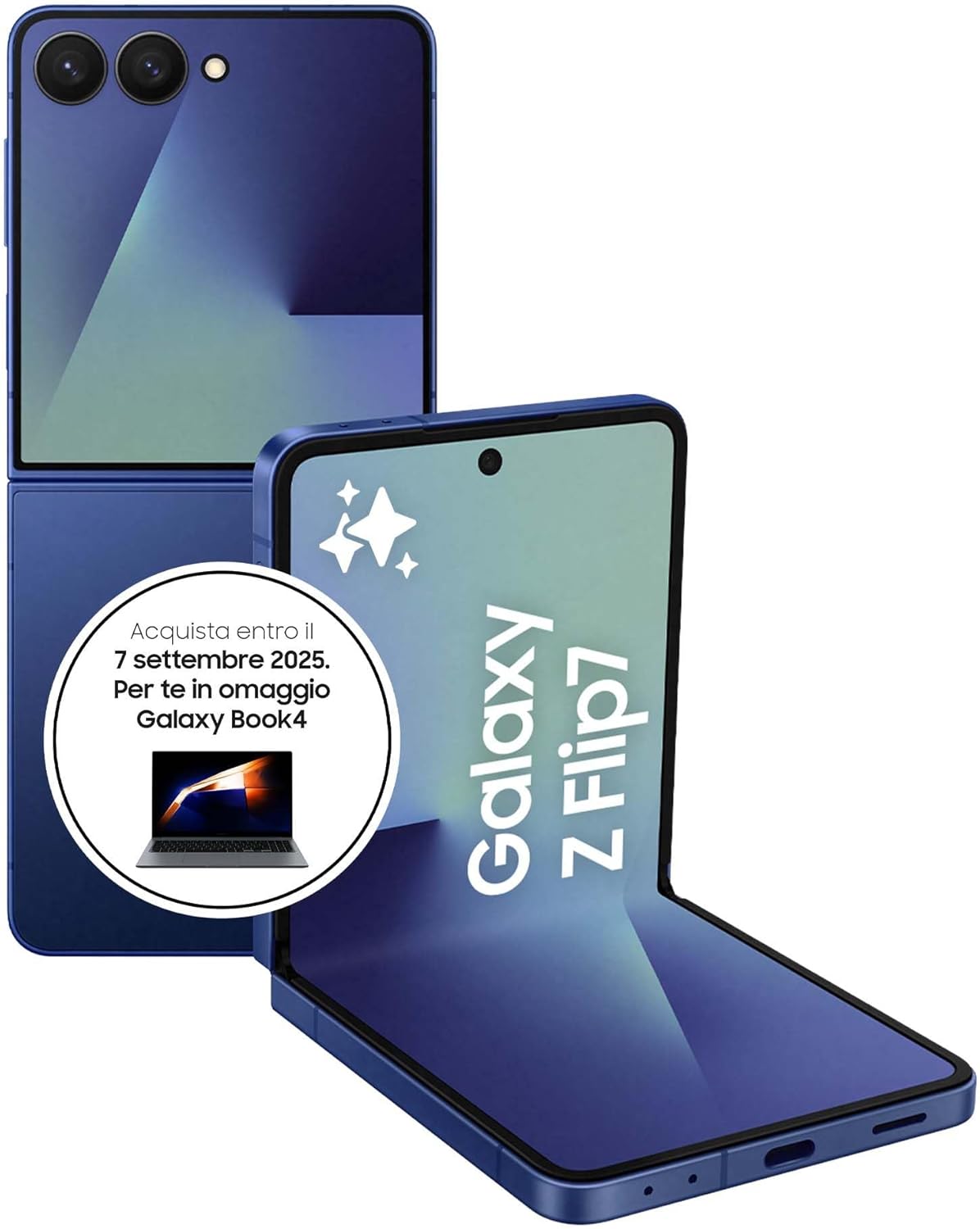 Samsung Galaxy Z Flip7 Smartphone AI pieghevole, 3 anni di Garanzia del produttore, RAM 12GB, 512GB, Display 4,1" Super AMOLED/6,9" Dynamic AMOLED 2X, Fotocamera 50MP, Blue Shadow [Versione italiana]