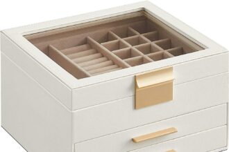 SONGMICS Scatola Portagioie, 3 Livelli, Coperchio in Vetro, Porta Gioielli e Accessori Grandi, Moderno, Bianco Nuvola e Dorato JBC239WT