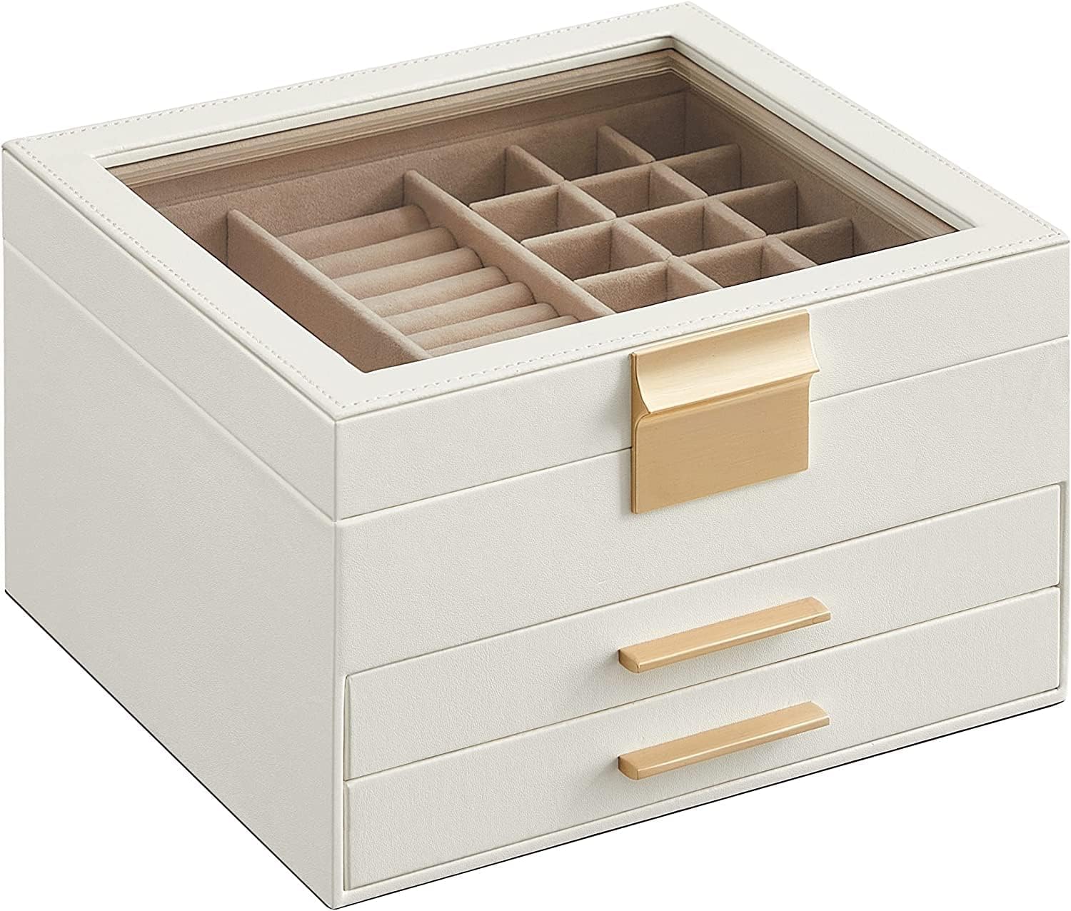 SONGMICS Scatola Portagioie, 3 Livelli, Coperchio in Vetro, Porta Gioielli e Accessori Grandi, Moderno, Bianco Nuvola e Dorato JBC239WT