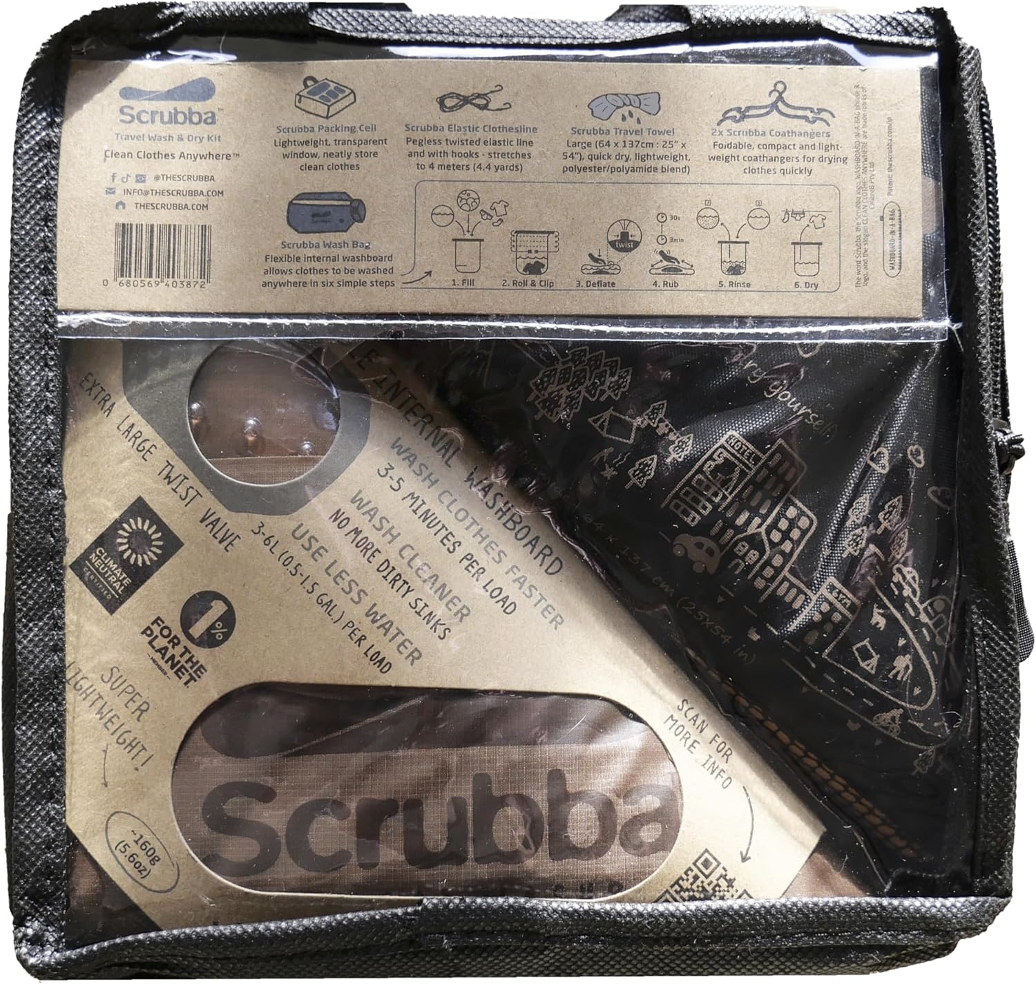 Scrubba Kit Lavatrice Portatile, Lavasciuga Bucato da Viaggio e Outdoor, Wash Bag Piccola, Leggera, Ecologica con Essenziale per Campeggio Unisex-Adult, Marrone Tattico, Regular Size