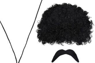 volumoon Set di Costumi Hippie Accessories, Parrucca Afro, Funky Occhiali Sole, Collana con Segno di Pace, Baffi Fint, 4 Pezzi Set di Costumi Hippie Parrucca Uomo, per Festa a Tema Anni 50/60/ 70