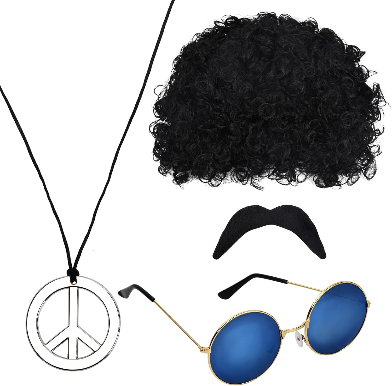 volumoon Set di Costumi Hippie Accessories, Parrucca Afro, Funky Occhiali Sole, Collana con Segno di Pace, Baffi Fint, 4 Pezzi Set di Costumi Hippie Parrucca Uomo, per Festa a Tema Anni 50/60/ 70