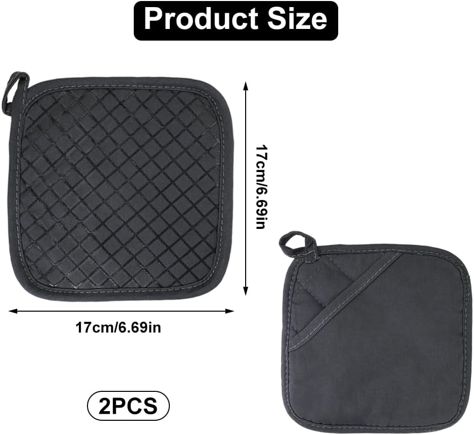 2 Pezzi Presine in Silicone e Cotone, 17×17cm Presine con Tasca, Resistente Calore Presine da Cucina, Presine Set, Antiscivolo, Lavabili, Riutilizzabili, per Cucinare e Cuocere Accessori da Cucina
